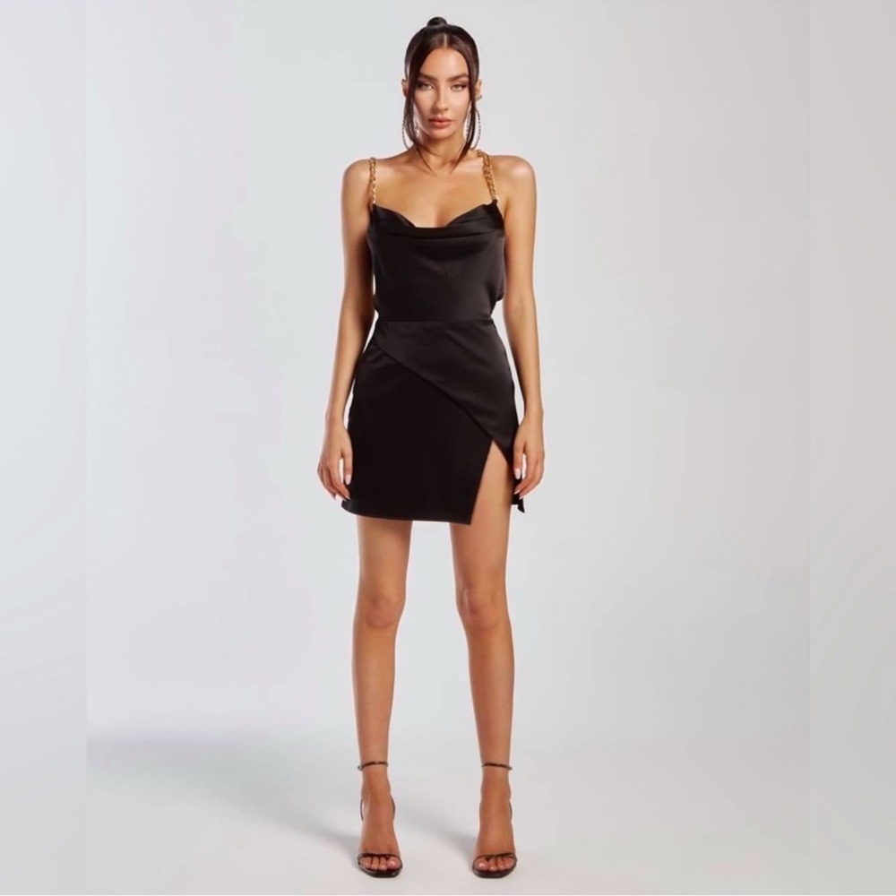Izi Angus x Runaway Black Mini Dress with Gold-tone Criss-cross Chain Strap XS